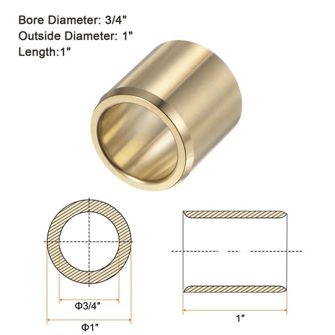 Zero Hassle Swap Two Pack Three Quarter By One By One Inch Cast Brass Flanged Sleeve Bearing Heavy Duty Oilless Bushing showing dimensions and design.