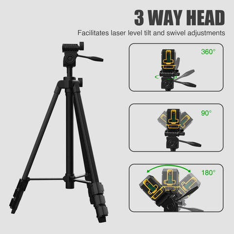 Lightweight Aluminum Laser Level Tripod With Bubble Level And Quick Release Plate One Quarter Inch Twenty Screw Mount showing 3-way head angles