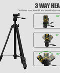 55-Inch Lightweight Aluminum Laser Level Tripod with 3-Way Head and Bubble Level, depicted with 360, 90, 180-degree adjustments