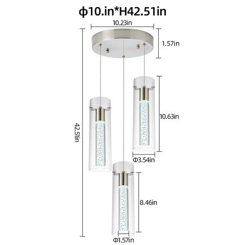 Dimensions of Brushed Nickel Crystal Pendant Light With Adjustable Rod, Modern LED Fixture For Kitchen Island, Dining Room, And Bar, 8W 6000K Warm White, Energy Saving, ETL Certified, Hand Cut Crystal Design