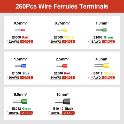 All In One Wire Ferrules And Terminals Kit With Insulated Sleeves, 260 Pcs, For AWG 22 To 8, Eight Types Of End Ferrules