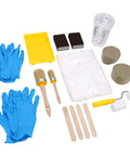 Sweet Kick Ass DIY Painting Set Includes Two Precision Round Brushes And Two Mini Foam Rollers With Metal Frame Tray Liner Four Mixing Cups Stir Sticks Sponges Dust Cover Plus Two Pairs Of Gloves For A Knockout Touch. DIY painting tools in blue and yellow with two brushes, gloves, sponges, and cups.