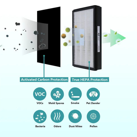 HEPA A2 True Filter Two Pack For Room Purifiers FAP-C02-A2 C03-A2 T03-A2 showing activated carbon and HEPA layers