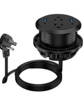 Top Shelf Three Inch Flush Mount Desktop Power Grommet With Two AC Outlets And Four Usb Ports Featuring PD 20W Fast Charge Plus A Six Foot Cord on a white background.
