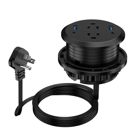 Top Shelf Three Inch Flush Mount Desktop Power Grommet With Two AC Outlets And Four Usb Ports Featuring PD 20W Fast Charge Plus A Six Foot Cord on a white background.