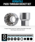 Go Through Socket Set With Three Eighths And One Half Inch Drive, Seventeen Piece Metric Ratchet Kit close-up of two sockets