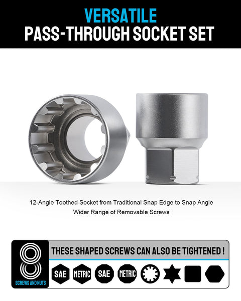 Go Through Socket Set With Three Eighths And One Half Inch Drive, Seventeen Piece Metric Ratchet Kit close-up of two sockets