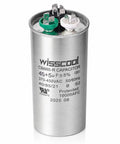 45 Plus 5uF Dual Run Start Capacitor For Heat Pumps And Air Conditioners, 370 440VAC CBB65 in silver metal casing