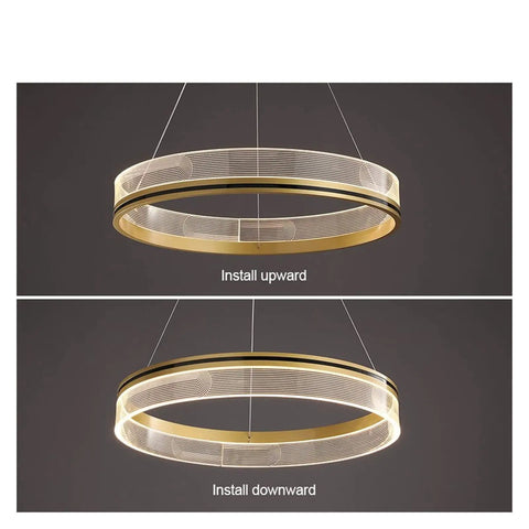 LED s LED Pendant Lights Modern Acrylic Creative Ceiling Pendant Lamp Ring Indoor Lighting for Living Room Bedroom Kitchen Hang Lamps in Gold, D60 cm, shown in upward and downward installation.