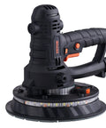 Heavy Duty Electric Drywall Sander With Variable Speed Motor And Hassle Free Vacuum Dust Cleanup For Cleaner Job Sites Plus Dual Bright Led Lamps And Full Sanding Pad Kit For Smooth Finish On Every Home Improvement Project, close-up view of motor and sanding pad.