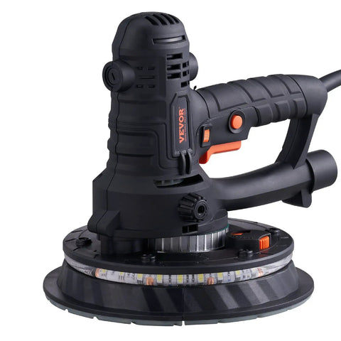 Heavy Duty Electric Drywall Sander With Variable Speed Motor And Hassle Free Vacuum Dust Cleanup For Cleaner Job Sites Plus Dual Bright Led Lamps And Full Sanding Pad Kit For Smooth Finish On Every Home Improvement Project, close-up view of motor and sanding pad.