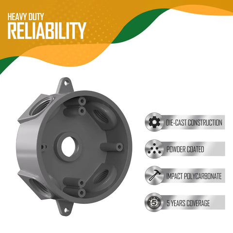 Weatherproof Round Electrical Outlet Box for One Half Inch or Three Quarter Inch Conduit, Five Hole Mount, gray PVC outdoor junction box
