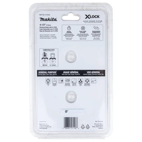 Back packaging of X-Lock 4 And A Half Inch Turbo Rim Diamond Blade For Masonry Cutting, info on compatibility and usage guidelines