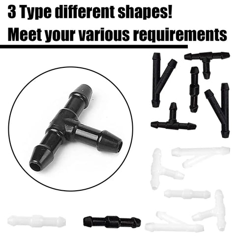 All In One Universal Windshield Washer Hose Kit with 12 Connectors shown in various shapes for DIY installation