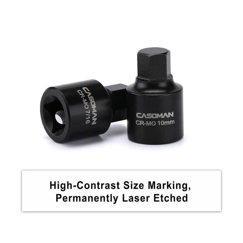 Low Profile 3/8 Inch Drive Impact Hex Socket Set, 16 Pc, SAE and Metric Hex Bits detailing high-contrast size markings.