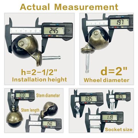 2 Inch Antique Brass Casters Set Of 4 Heavy Duty Ball Caster Wheels With Sleeve Plugs measurements displayed with calipers