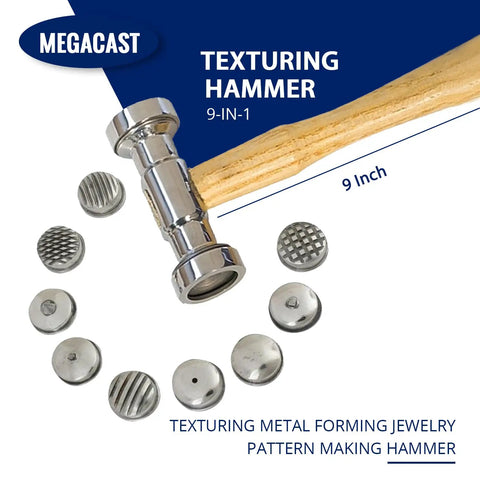 Heavy Duty Texturing Hammer With 9 Interchangeable Heads Dual Sided Steel Head And Polished Wood Handle For Woodworking And Metalworking Durable Craft Tool For Fine Texture And Smooth Finishes displayed with heads