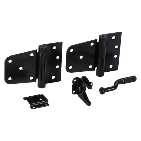 All In One Self Closing Gate Kit With Black Steel Hinges And Latch For Wood Vinyl And Steel Gates 50 Lb Capacity WeatherGuard Protection