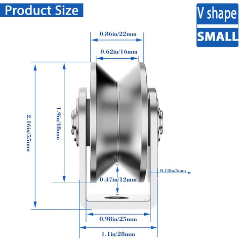Rock Solid 2 Inch V Groove Pulley Pack Premium 304 Stainless Steel Cable Rollers side view with dimensions for rigging tasks.