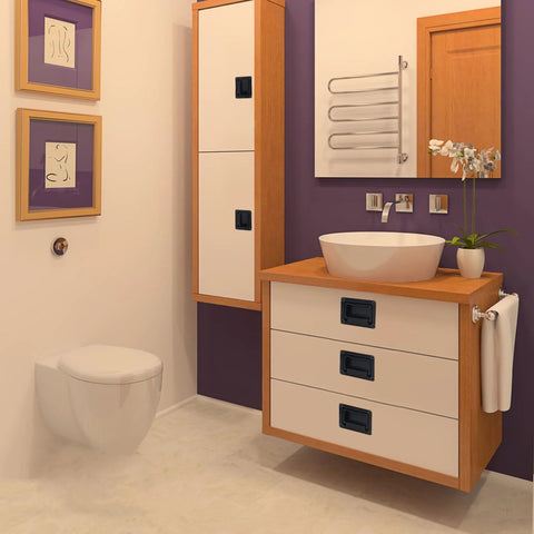 Bathroom cabinet with Six Pack Zinc Alloy Recessed Pull Handle 4.4 By 2.7 Inches Flush Lift Door Handle, black handles.