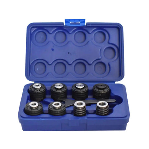 Electric Vertical Button Tapping Machine With CNC Servo Threading accessories, set of chucks in a blue case, universal M3 to M20 DIN compatible.