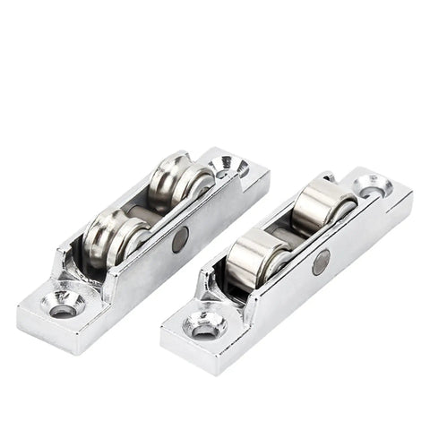 Dual Wheel Zinc Alloy Window Pulley And Sliding Door Replacement Rollers Engineered For Ultra Smooth Push Pull Operation, side view, chrome finish.