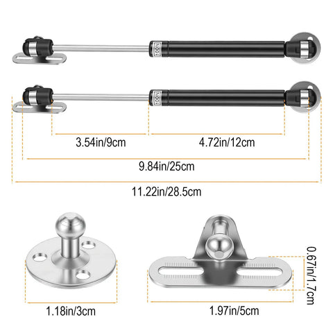 Ten Piece Set Of Heavy Duty 10 Inch Gas Struts For Cabinet Doors And Storage Boxes detailing sizes of gas lift rods and brackets.