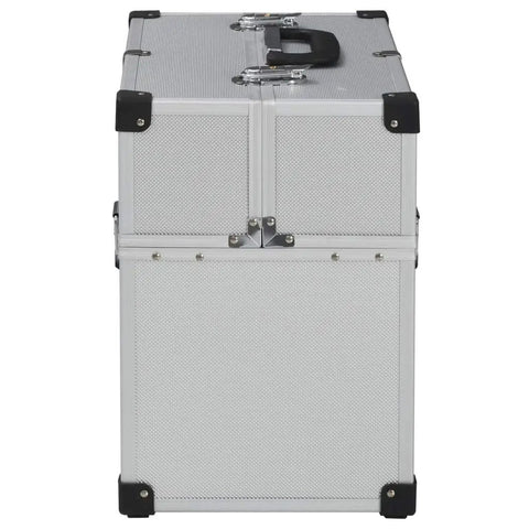 Front view of Sturdy Aluminum Tool Case With Six Extendable Trays Lockable Portable Organizer For Tools Like Screwdrivers Pliers And Wrenches Durable Silver Storage Box Perfect For Car Or Shop Easy To Carry For DIYers On The Go showing closed box with handle and lock.