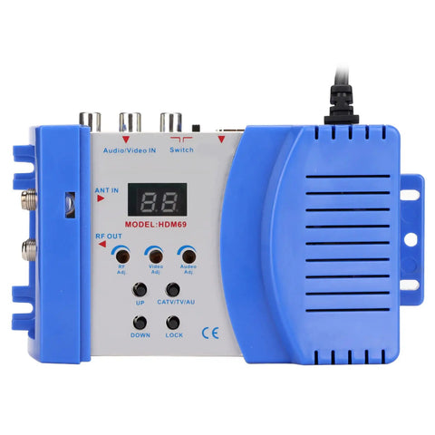HDMI To RF Modulator For TV With PAL NTSC Support, Composite Video To RF Converter, front view of device showing ports and controls