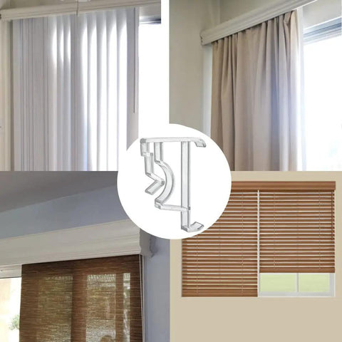 Clear Plastic Valance Clips 2 Inch Universal Window Blind Holders 5 Pack shown securing various window blinds without damage.