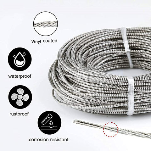 Heavy Duty 1/16 Inch 304 Stainless Steel Wire Rope Kit With 100ft Vinyl Coated Aircraft Cable, corrosion and rust resistant