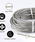 Vinyl Coated Wire Rope Kit For Easy String Lights Hanging 50ft Stainless Steel Cable coiled with waterproof and rustproof features.