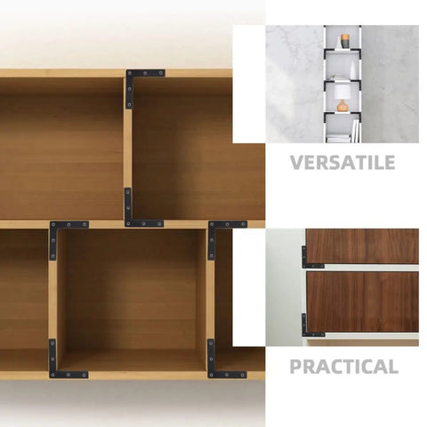 Rock Solid Heavy Duty Black L Shaped Corner Brackets Set For Furniture Support installed on wooden shelves.