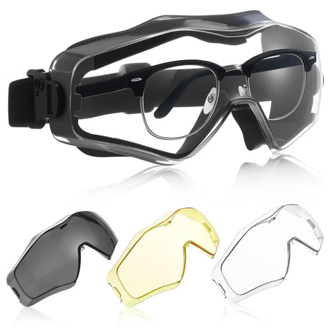 OTG Safety Goggles Over Glasses For Wearers, ANSI Z87.1 Anti Fog Tactical Eye Protection With 3 Interchangeable Lenses