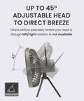 Warm Gray Rechargeable Portable Fan With 7800mAh Battery, USB C Charging, Four Speed BLDC Ultra Quiet Air Circulation, Up To 32 Hours Runtime, Tripod Mountable, Ideal For Camping, Indoor Or Outdoor Use with adjustable head.