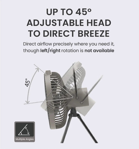 Warm Gray Rechargeable Portable Fan With 7800mAh Battery, USB C Charging, Four Speed BLDC Ultra Quiet Air Circulation, Up To 32 Hours Runtime, Tripod Mountable, Ideal For Camping, Indoor Or Outdoor Use with adjustable head.