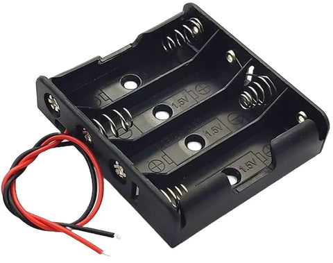 Pack Of Two 4 AA Battery Holders With Pre Installed Wire Leads Delivering Six Volts, black plastic holder with wires for DIY projects.