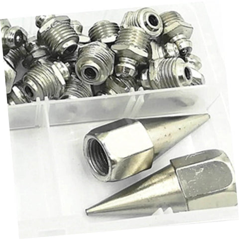 One Stop Grease Fitting Kit With Assorted Nozzles And Grease Gun Attachments For Bearings And Recessed Fittings in plastic case