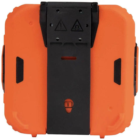 Back view of rugged Bluetooth speaker with magnetic strip, orange casing, showcasing attachable strap for jobsites.