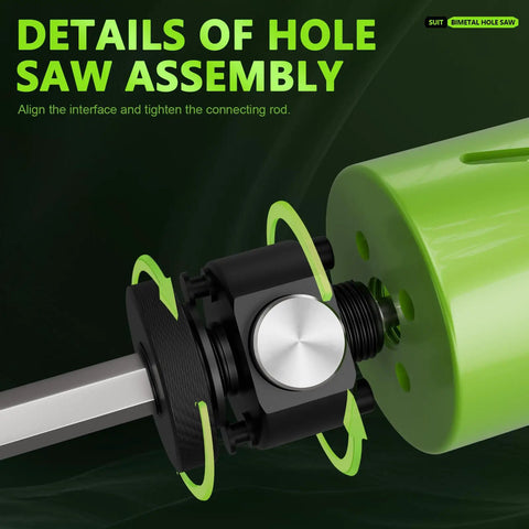 Close-up of hole saw assembly from 19-Piece Bi-Metal Hole Saw Kit With Quick Change Arbors For Easy Hole Cutting In Wood Thin Metal PVC And More Ranging From Three Quarter Inch To Two And A Half Inch Pro Grade Set For Contractors And DIYers.
