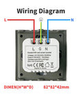 Wiring diagram of Rock Solid Eu Wifi Smart Socket With Slick Tempered Glass Panel, showing electrical connections and dimensions.