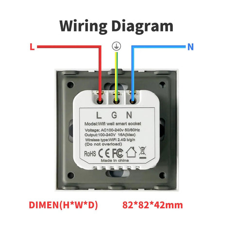 Wiring diagram of Rock Solid Eu Wifi Smart Socket With Slick Tempered Glass Panel, showing electrical connections and dimensions.