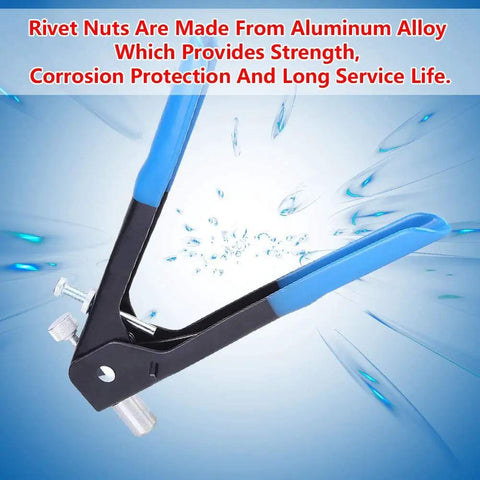 Ultimate Xyntor Rivet Nut Kit With 100 Aluminum Inserts M3 To M8, Complete Tool Set For Solid Metal Fastening, DIY Heroes And Auto Pros Love This Durable Threaded Insert Gear For Any Heavy Haulin Job. Aluminum rivet nut tool with blue handles and mandrel for M3-M8 metal fastening