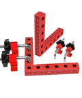 Red Right Angle Fixing Clip 90 Degree L Shaped Woodworking Panel Fixture for Mounting and Alignment with bolts for glue drying.