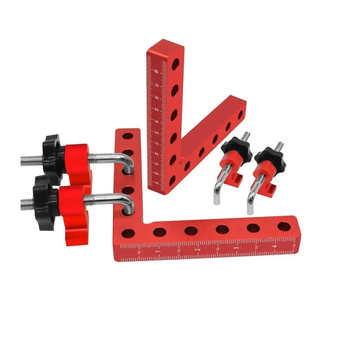 Red Right Angle Fixing Clip 90 Degree L Shaped Woodworking Panel Fixture for Mounting and Alignment with bolts for glue drying.