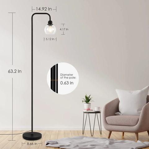 Cool Industrial Glass Globe LED Floor Lamp 63 Inch Tall Black Standing Reading Light with dimensions in living room