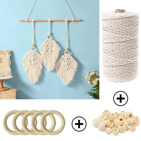 All In One Macrame Kit For Beginners With Natural Cotton Rope 3mm x 220 Yards A Complete Wall Hanging Set Including Wooden Beads, Rings, Sticks, S Hooks And Easy DIY Guide showing cotton rope, wooden rings, and beads with wall hanging example.