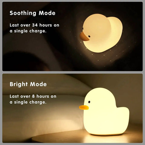Duck Shaped Silicone Night Light For Nursery And Kids Room Cozy Warm White 2800K LED Lamp Safe BPA Free Sleep Aid, soothing and bright modes