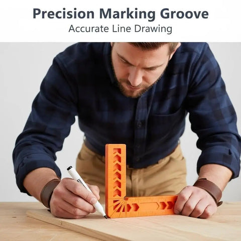 Man using Eight Pack 90 Degree Corner Clamps And Woodworking Positioning Squares Featuring 3 Inch And 4 Inch Sizes for precise marking.