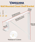 Heavy Duty Wall Mounted Closet Rod Brackets 2 Pack 12 By 10.4 Inch Steel Supports detailed dimensions and installation screws in white.